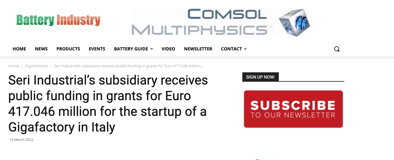 Seri Industrial’s subsidiary receives public funding in grants for Euro 417.046 million for the startup of a Gigafactory in Italy